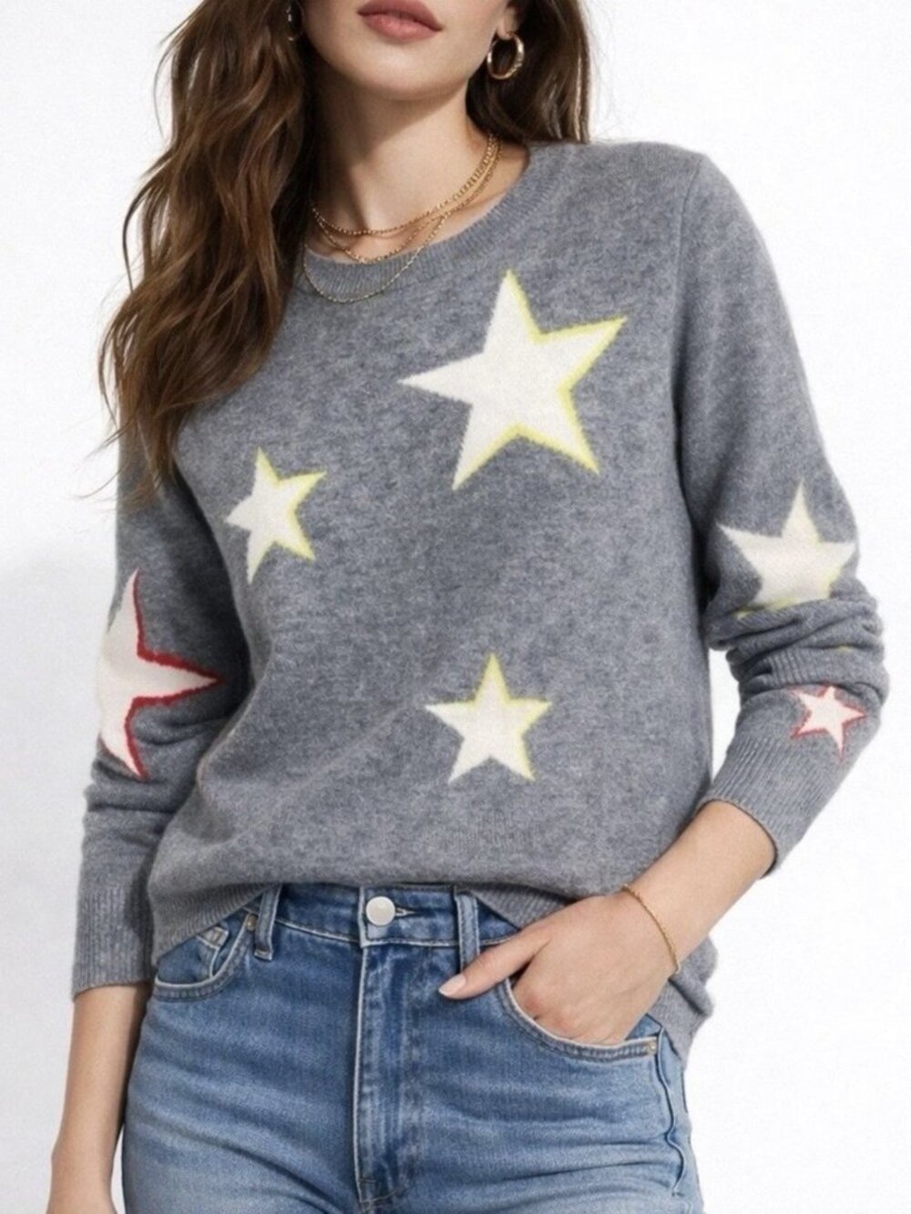 Banana Republic Star Sweater Italian Merino Wool Blend Womens Size Medium Gray